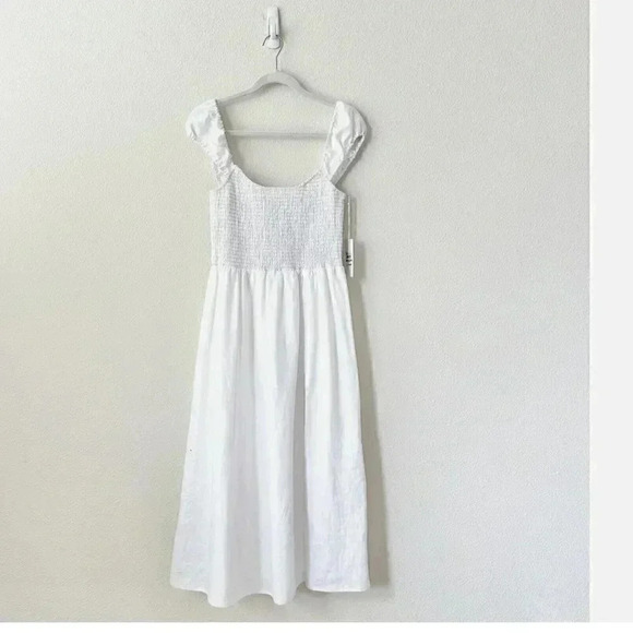 NWT Reformation Tavi 100% Linen White Smocked Ruffle Midi Dress Size Medium - Picture 7 of 12